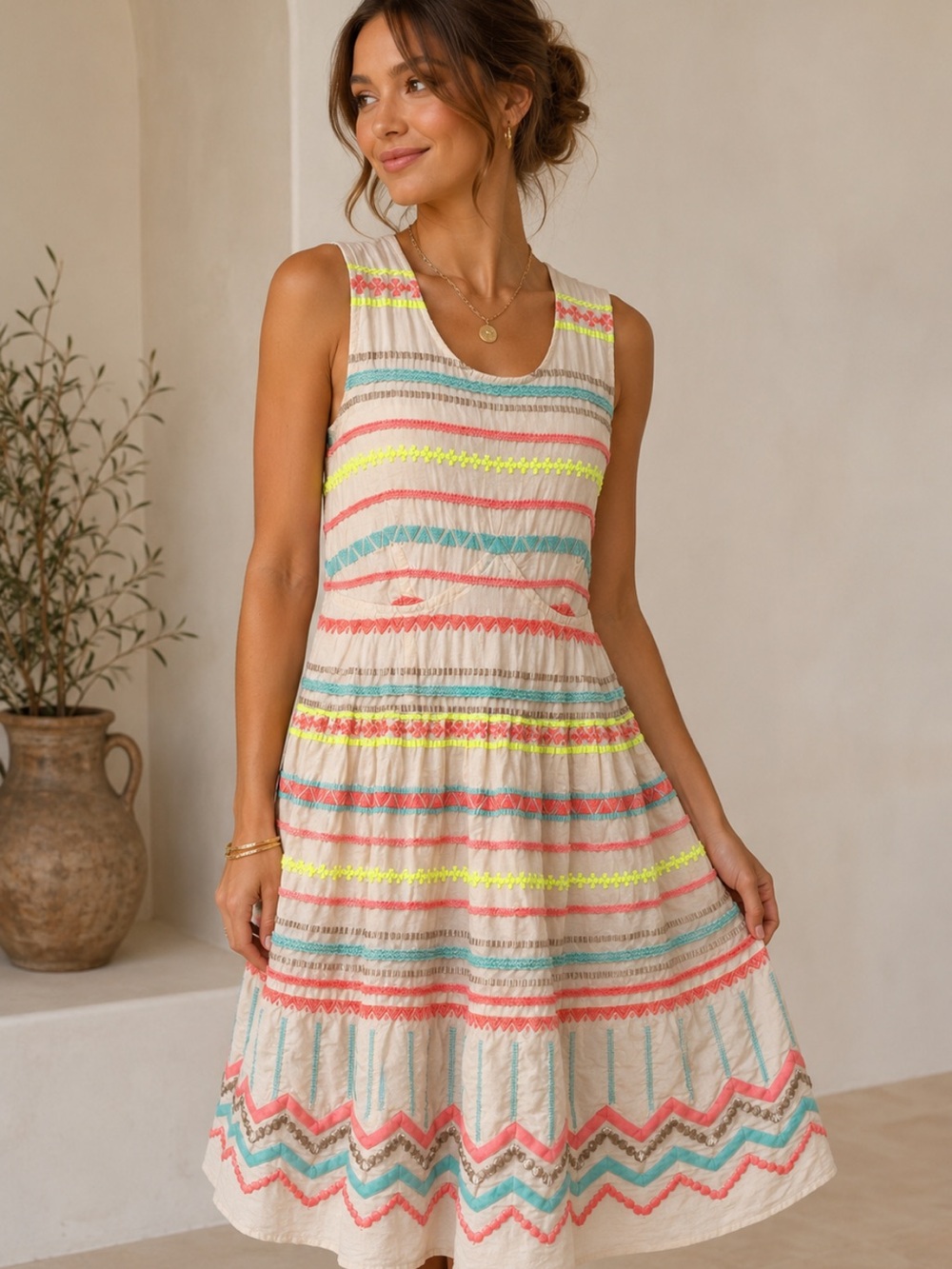 Tracy Reese Cream Dress NWT Pink, Teal, Coral & Neon Yellow Embroidery Size 12